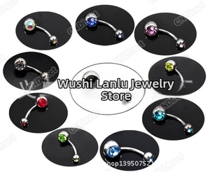 Detailed set of curved stainless steel navel rings with vibrant multi-color rhinestones