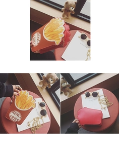 Detail shots of creative red French fries shaped crossbody bag with gold chain strap
