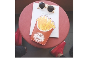Detailed view of creative French Fries shaped crossbody bag with orange and red colors
