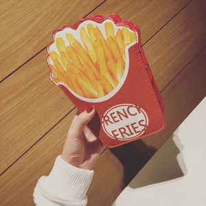 Creative red french fries container shaped crossbody bag with yellow chips print and chain