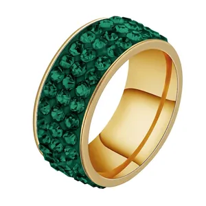 Elegant gold stainless steel wide ring with multiple rows of green crystal pave