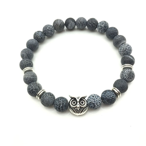 Natural weathered black agate and tiger eye bead bracelet with silver owl charm