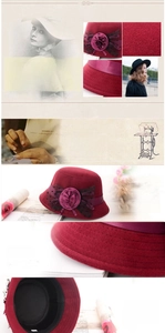 Detail of burgundy wool cloche hat featuring a satin flower and black polka dot mesh veil