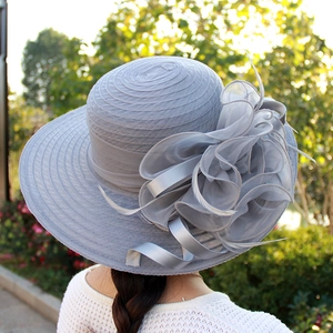 Women's Elegant Cotton Organza Flower Sun Hat Wide Brim Church Party Wedding Dress Hat Vintage Floral Derby Mesh Hat