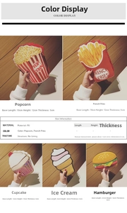 Collection of five novelty PU leather food-shaped bags with detailed size specifications