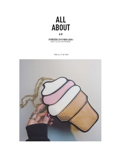 Close-up of ice cream cone bag featuring quilted PU leather and gold chain strap