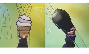 Front and back detail of a creative ice cream shaped crossbody bag with metal chain strap