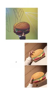 Detail of hamburger shaped crossbody bag with layered PU leather panels and chain strap