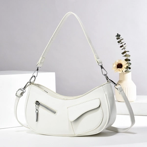 White crescent underarm bag with zipper pockets and stylish double shoulder straps