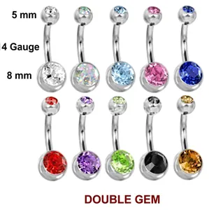 Set of 10 colorful double gem belly rings in 14G polished stainless steel