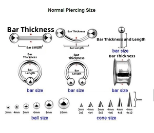 Detailed size guide for stainless steel piercing bars, balls, and cone options