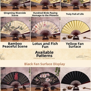 Detail view of Chinese folding fans with artistic silk painting and bamboo ribs