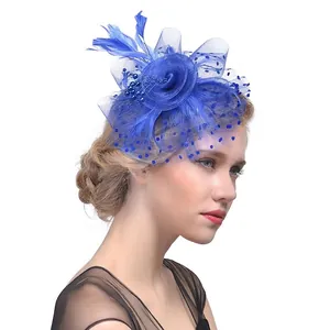 Chapeau fascinateur bleu royal élégant avec voile et plumes pour coiffure de mariage
