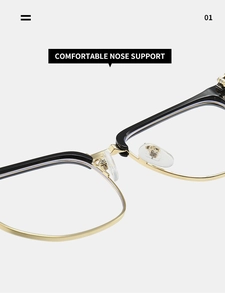 Close-up of golden nose support with soft silicone pads for metal eyeglass frames