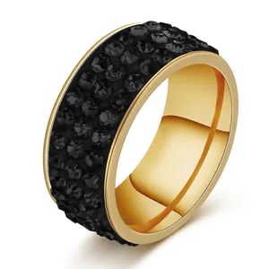 Polished gold stainless steel wide band ring with four rows of black pavé crystals