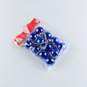 Detailed view of 3cm bright blue electroplated Christmas ball ornaments in retail packaging