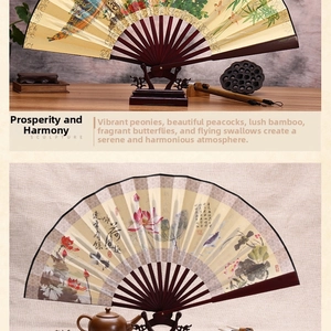 Detail view of Chinese folding fans with peony and lotus art on elegant wooden stands