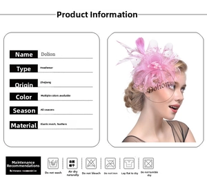 Serre-tête de mariée en résille rose et plumes avec d'élégantes perles de déco