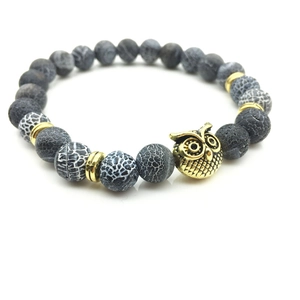 Beaded bracelet with golden owl charm, matte grey agate and weathered tiger eye stones