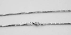 Detailed view of a silver stainless steel snake chain with a secure lobster clasp