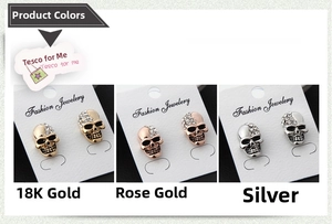 Detailed comparison of vintage skull stud earrings in gold, rose gold, and silver finishes