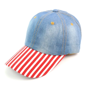 Outdoor denim baseball cap with blue crown and red white striped brim in vintage style