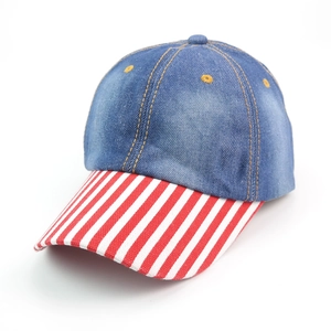 Blue denim baseball cap with yellow stitching and red white striped visor for outdoor sun protection