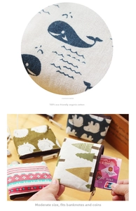 Detail of 100% eco-friendly cotton canvas coin purse with whale and hedgehog prints
