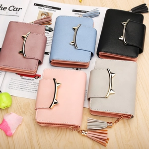 Short PU leather women's wallet with cute cat-ear metal trim and tassel in five colors