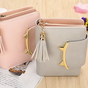 Short PU leather wallets for women with cute cat ear metal charms and tassel zippers