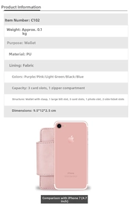 Detailed size specifications and interior compartments of the pink short wallet for women