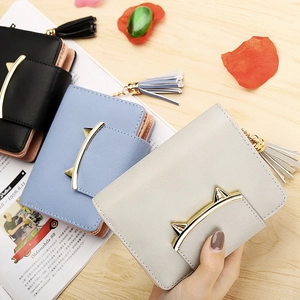 Short PU leather women's wallet with cute cat ear metal trim and tassel zipper detail