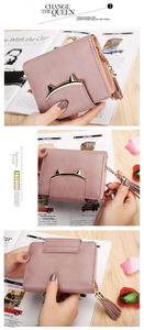 Three-way view of pink cat ear wallet with tassel and foldable card slots