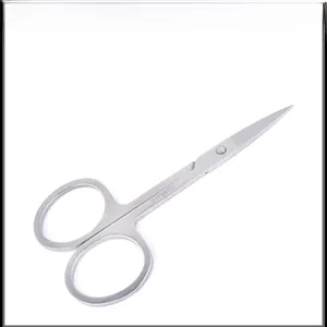 Close-up of polished stainless steel scissors showing sharp blades and round handle