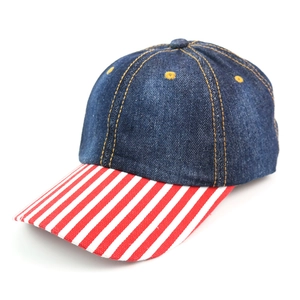 Denim baseball cap with red and white striped brim for outdoor leisure activities.