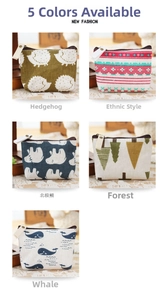 Detail view of five canvas coin purses with hedgehog, polar bear, and whale patterns