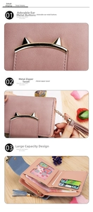 Detail of pink women's wallet with cat ear metal snap and tassel zipper closure
