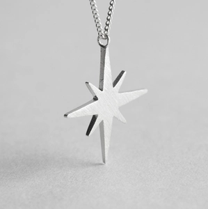 Macro view of matte 925 sterling silver star pendant with brushed metal texture