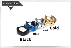 Polished stainless steel hoop earrings in black, blue, silver, and gold finishes