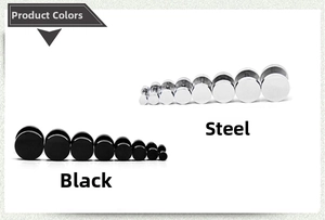 Barbell stud earrings set in black and steel colors shown in various sizes