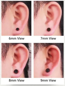 Black magnetic stud earrings for men in four sizes from 6mm to 9mm shown on ear