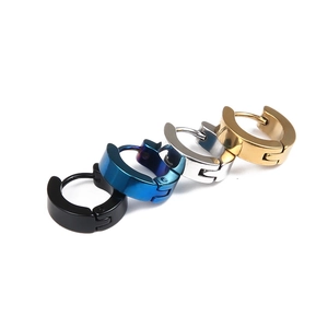 Polished stainless steel hoop earrings in black, blue, silver, and gold four-piece set