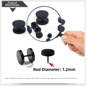 Detail view of black titanium steel barbell earrings with 6mm post and 1.2mm thickness