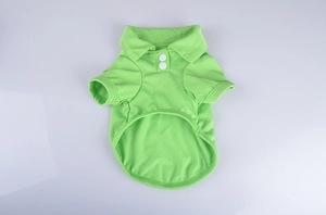Detail of grass green pet polo shirt with breathable mesh fabric and white buttons