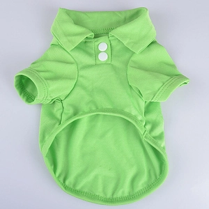 Green pet polo shirt in breathable mesh fabric with collar and white buttons for dogs