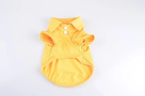 Detailed view of breathable yellow mesh dog polo shirt with classic collar and two white buttons