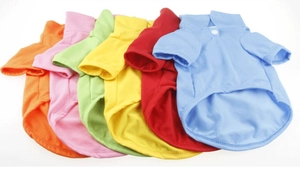 Detailed stack of colorful cotton pet polo shirts in six vibrant candy colors for summer