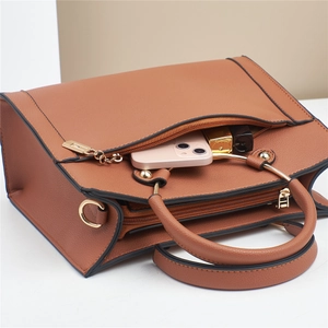 Detailed shot of brown faux leather tote bag with exterior zipper pocket for smartphone