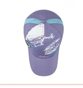 Top view of kids breathable mesh baseball cap with purple fabric and helicopter print