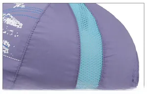 Detail of purple quick-dry kids baseball cap featuring breathable mesh and mountain print